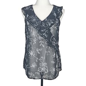 Retro Ruffle Sheer Top Blouse, Black & White Floral, Size S